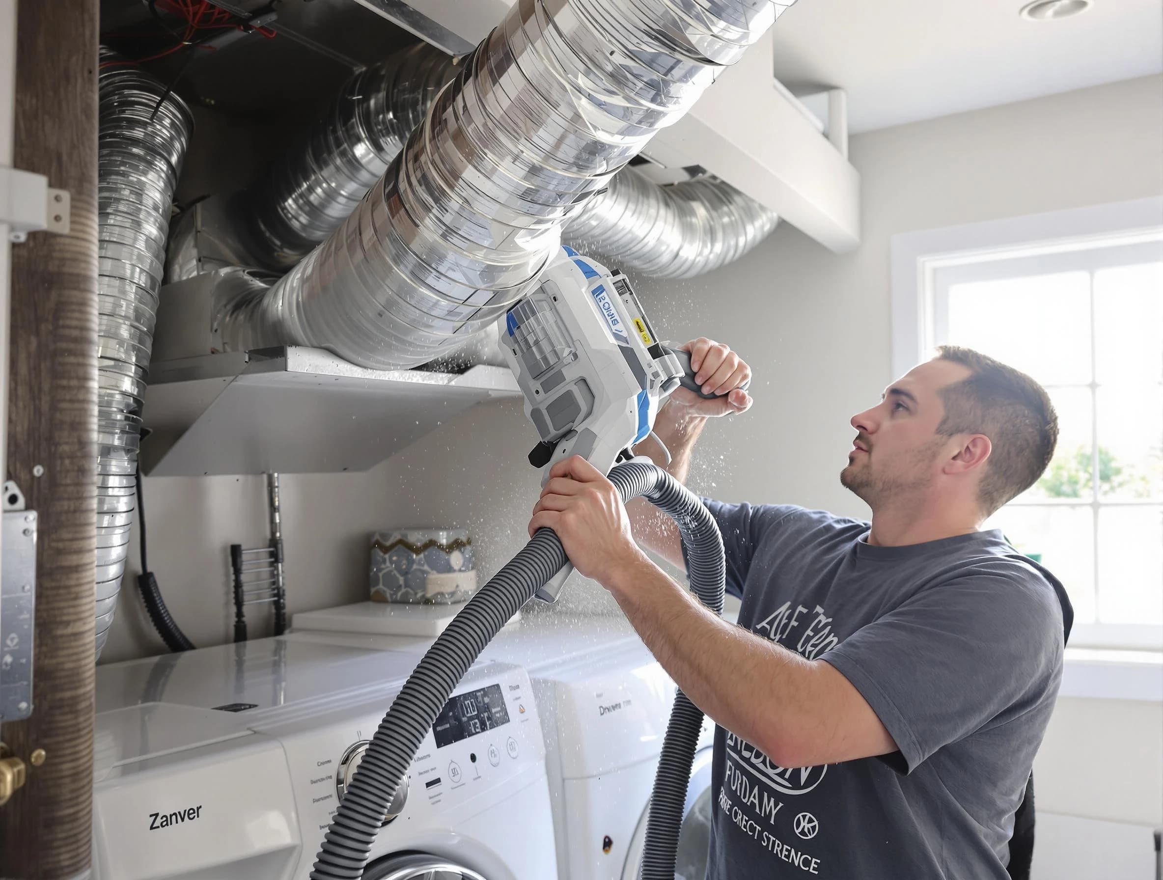 Springville Dryer Vent Cleaning specialist cleaning deep within a dryer vent duct system in Springville